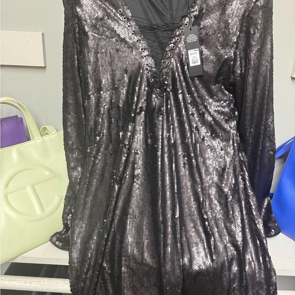 Fashion Nova Charcoal Sequin Lace-Up Dress